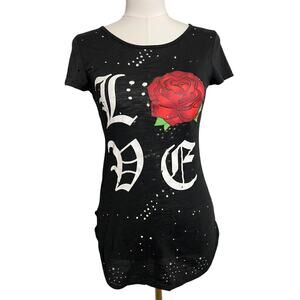 Y2K Grunge Graphic Shirt Small Black Love Rose Tee Distressed Top Tattoo Biker